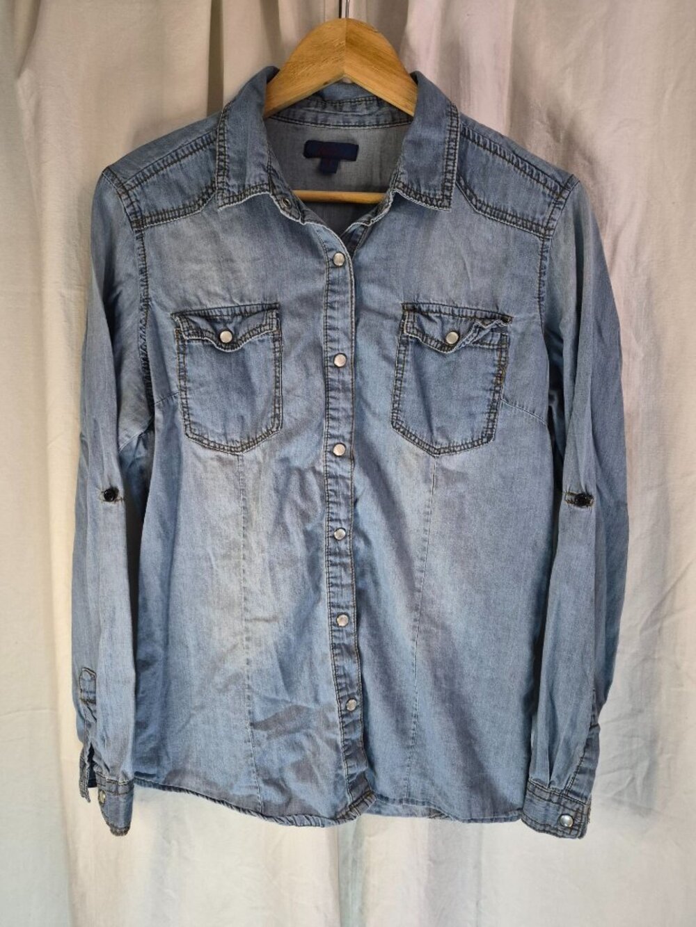 Inso XL Blue Denim Chambray Pearl Cowgirl Boho Peasant Festival Outdoor Work Shi